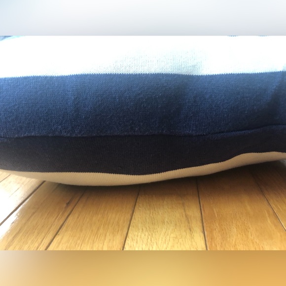 Knitted striped decorative throw pillow. Yellow, navy & cream. - Picture 6 of 8